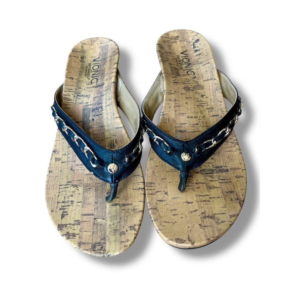 Vionic Aruba Black Leather Cork Wedge Sandals With Chain Detail